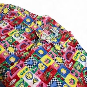 90s Napa Valley Fruit Print Button Up Top Shoulder Pad Retro Melon Pear Shirt PM